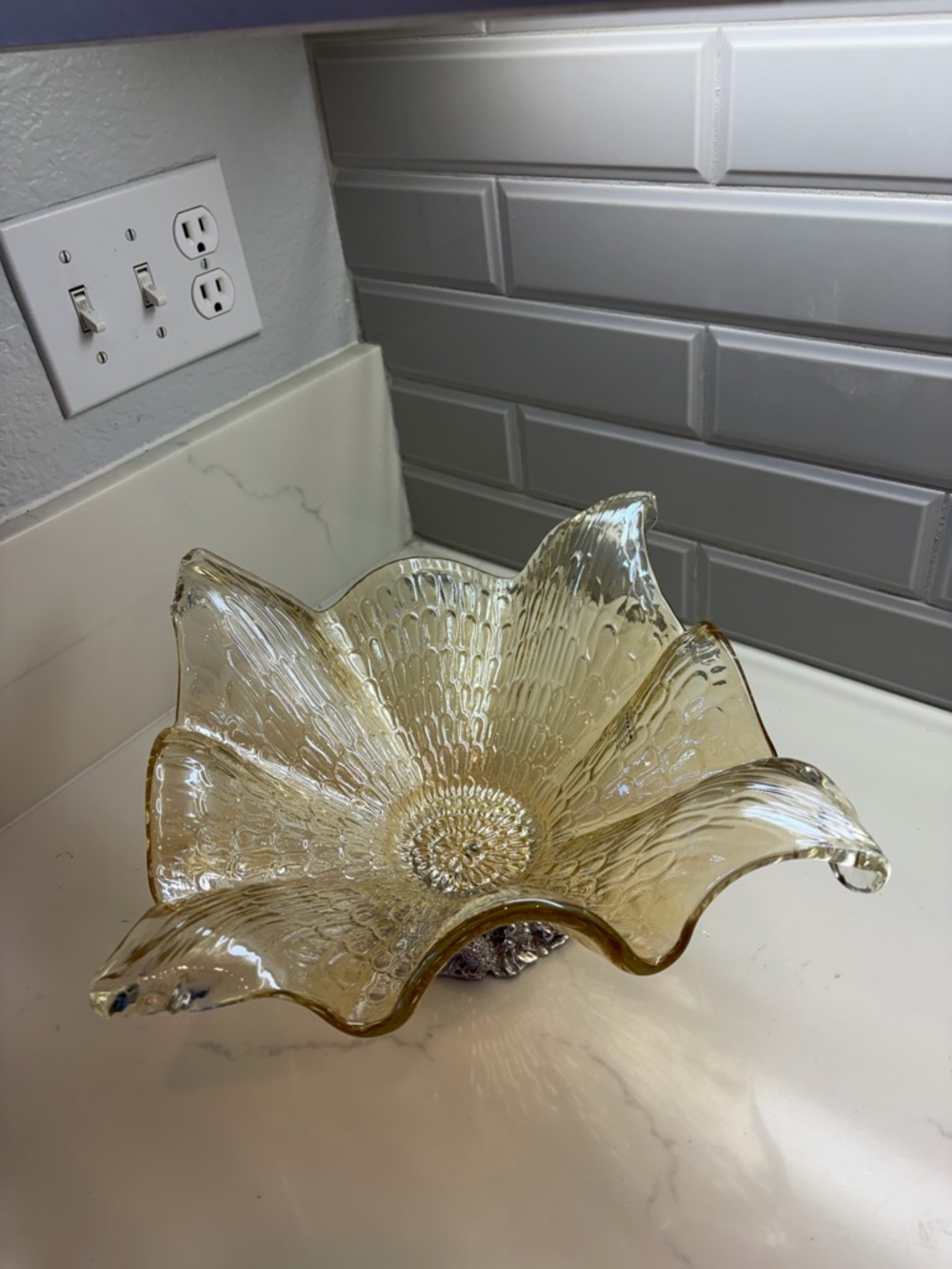 Murano Amber-Glass Flower Centerpiece Bowl w/Silver Base